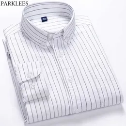 Vertical Striped Oxford Shirt Men Spring Slim Fit Long Sleeve Dress Shirts Mens Wrinkle Free Casual Button Down Chemise 210522