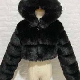 Gamporl mode vinter hög kvalitet faux räv päls kappa kvinnor vintage långärmad med mössa smala kort jackor furry coat femme y0829