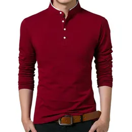 Mężczyźni jesień T-shirt bawełniany t shirt Pełna rękaw Tshirt Solid Color Topstees Mandarin Collar Długie Przyciski Bluza męskie Koszulki