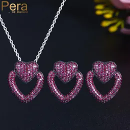 Earrings & Necklace Pera Romantic Double Love Heart Shape Fuchsia Cubic Zirconia Black Gold Jewelry Sets For Friend Gift J440