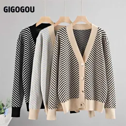 Gigogou 싱글 브레스트 V 넥 여성 버튼 블랙 크리스마스 트리 카디건 스웨터 니트 느슨한 대형 점퍼 탑 자켓 코트 211216