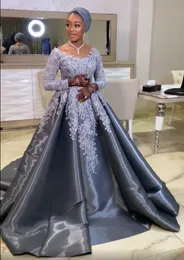 ASO EBI 2021 Arabski Plus Rozmiar Szare Koronki Koronki Suknie Wieczorowe Długie Rękawy A-Line Prom Formalna Party Drugi Reception Suknie ZJ466