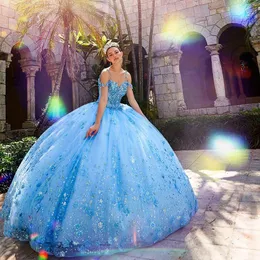 Luxury Princess Blue Quinceanera Dresses Lace Appliqued Crystal Ball Gown Vestidos de Quinceañera Sweetheart Sweet 16 Dress