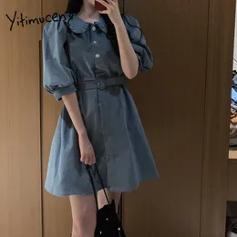 Yitimucengヴィンテージドレス女性サッシ韓国のファッションハイウエストミニドレスパフスリーブオフィスレディブルーサンドレス夏210601