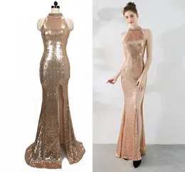 Split High Neck Fishtail Skirt Slim Montering Evening Bridesmaid Dress Rose Gold Sequins Bankett Modell Junior Brudtärna Klänningar