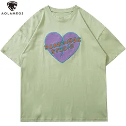 Aolamegs Herren T-Shirts Hit Color Tearing Heart Letter Patch T-Shirt Männer Gemütliche Übergroße Tops Harajuku College Style Streetwear 210707