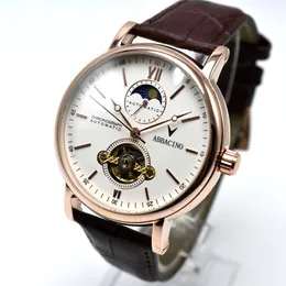 Armbanduhren ABBACINO 2021 Herrenmode Leder Skelett Tourbillon Uhren Auto Datum Mechanisch Geschenke für Weihnachten