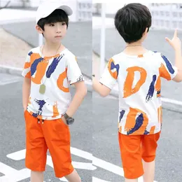 여름 소년 의류 세트 한국어 힙합 Polychromatic 티셔츠 + 바지 2pcs 정장 유치원 공연 어린이 옷 210625