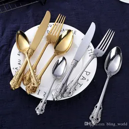 Retro Flatware Zestaw Srebrny i Złoty Ze Stali Nierdzewnej CutlerySet Wysokiej jakości Nóż Widelec Łyżka 4-częściowa DiurswareSet Zestawy Wll-LXL899