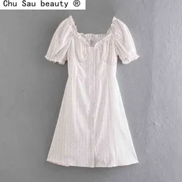 Продажа французской моды красный цветочный слоеный рукав короткий белый платье белое платье одиночный погружной летний винтажный шик 210508