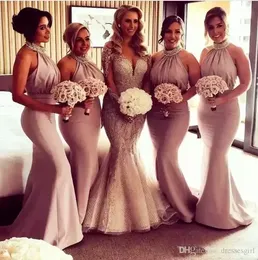 Blush Pink Mermaid Bridesmaid Dress Beads Sequins Halter Evening Wear 2022 Country Maid Of Honor Dresses Low Back Sexy Prom Party Gowns BM0201