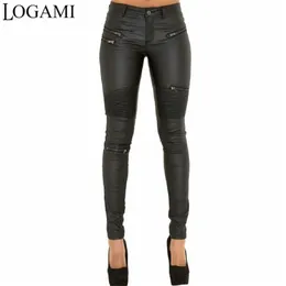 LOGAMI Faux Leather Pant Elastic Zipper Trousers Leren Broeken 210915