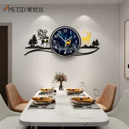 MEISDパンチフリーミラーステッカー時計壁モダンなクォーツ時計大型自己接着ホルロゲーホームキッチン装飾211110
