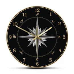 Mariner's Compass Wall Clock Compass Rose Nautical Home Dealing Windroseナビゲーションラウンドサイレントスウェプトウォールクロックセーラーギフト210325
