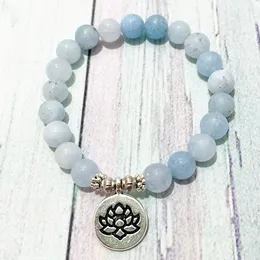 Sn0861 Högkvalitativ Blå Chalcedony Armband Handamde Kvinnors Lotus Ohm Charm Yoga Armband Meditation Balance Buddhist Smycken