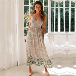 Sexig Sling Ruffles Maxi Klänning Kvinnor Sommar Bakgrund Floral Lång Klänning Ladies Casual High Waist Deep V Boho Beach Patry Sundress 210507