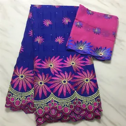 5 yardas/pieza, tela de algodón africano con bordado azul real, encaje de red de 2 yardas para conjunto de blusa PL13000