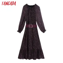 Tangada primavera mulheres vermelho leopardo impressão chiffon midi vestido com cinto feminino babados lanterna manga vestidos be181 210320