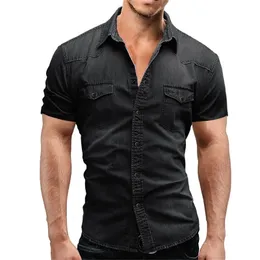 男性春の夏デニム薄いシャツ半袖ソフトコットン2ポケットスリムスーツのわずかな弾性ジーンズカウボーイ服210809