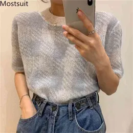 Lato Mohair Houndstooth Swetry dzianiny Topy Kobiety Z Krótkim Rękawem O-Neck Swetry Moda Casual Koreański Ladies 210513