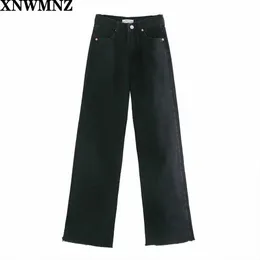 XNWMNZ ZA Donne Moda Hi-Rise Wide-gamba figura intera jeans vintage sbiadito senza soluzione di continuità hems a vita alta con cerniera a vita alta tasto denim femmina H0908