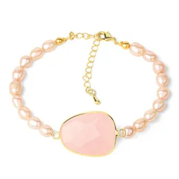 Adjustable Bracelets Faceted Pink Quartz Freshwater Pearls Bracelet Gold-color Extension Chain Charm Jewelry for Women