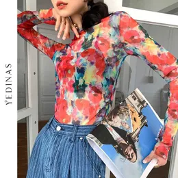 Yedinas Red Crewneck Mesh Top Long Sleeve T Shirt Oil Painting Y2k Fashion Floral Crew Neck Tee Femme Women 210527