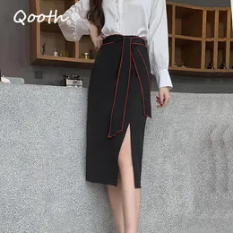 Qooth Office Lady Black Maxi Skirt Irregular Ruffles Split Skirts Summer Autumn Plus Size XXL High Waist Chiffon Elegant QT066 210518