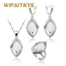 Marquise Fire White Opal Silver Color Jewelry Sets For Women Wedding Necklace Pendant Drop Earrings Rings Christmas Gift Box H1022