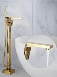 バスルームのシャワーセットノルディック銅の金の床の種類の独立浴槽蛇口シリンダーサイド垂直シンプルなモダン