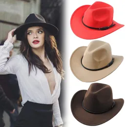 Wide Brim Hattar Kvinnor Lady Retro Floppy Panama Hat Leather Belt Buckle Wool Fedora Unisex Western Cowboy Woolen Par Cap