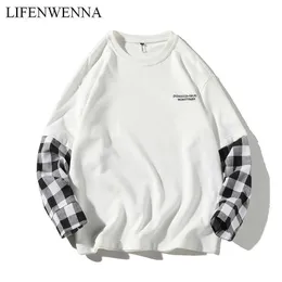 Lifeenwenna manga cheia t - shirts Homens O-pescoço Patchwork Manga Longa Camiseta Homens Casual Confortável Hip Hop T Camisetas Homens Outono 5xL 210528