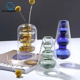 Strongwell Nordic Double Layer Glass Vases Desktop Decor Hydroponics Transparant Flower Vase Home Decoration Wedding Gift 210623