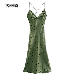 Sexy Party Jurken Vrouwen Groene Stip Midi Vrouwelijke V-hals Mouwloze Hemdjes Elegante Dames Vestidos 210421