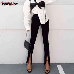 Insta Eleganta Kvinnor Pant High Waist Black Split Slim Höst Office Lady Casual Trouser Fashion Flare Slit 211124