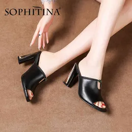 Sophitina Moda Damskie Sandały Premium Skóry Wołowej Otwarty Otwarte Otwarte Metalowe Metalowe Szpilki Buty Kobiety Sexy Pantofle Kobiety SO475 210513