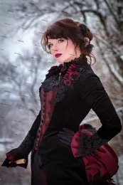 Black and Burgundy Gothic Wedding Dresses Long Sleeve Victorian lace floral walking costume Bustle skirt and Velvet Jacket Bride G175k