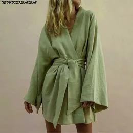 Damska V-Neck Kimono Cardigan Mini Sukienka Bawełniana Pościel Z Długim Rękawem Saste Suknie Szata Styl Lace Up Summer Loose Vestidos Y1006