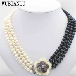 3ROW WHITEBLACK PEARL Halsband Shell Blomma Clasp 17-19INCH DIY Populära Kvinnor Smycken Göra Design