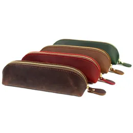 Vintage Leather Pencil Case School Office Stationery Bag Cowhide Fountain Pen Box Makeup Brush Pouch Holder 1XBJK2105