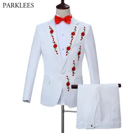 Rote Rose Stickerei Männer Hochzeit Bräutigam Anzug Set Slim Fit Blazer mit Hosen 2 Stück Set Eleganter Smoking Herren Prom Bühnenkostüm 3XL 210524