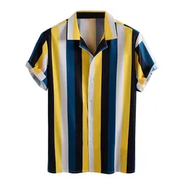 メンズ垂直ストライプ夏半袖緩いボタンハワイアンカジュアルシャツ良い品質男性シャツ緩いプラスサイズのトップ210527