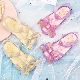 Sandálias Mini DD Estilo Menina Verão Crianças Moda Roma Jelly Sapatos Bronzing Heart-shaped Bow Kids Beach DD020