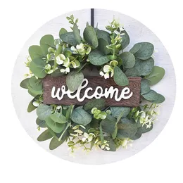 30cm Welcome Sign Wreath Artificial Simulation Leaf Wreath Door decoration Pendant Hanging Garlands New Arrival Q0812