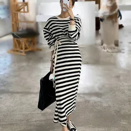 Qooth Retro Color Matching Stripes Dress Waist Straps Long Spit Dress Over the Knee Long Skirt Fashion Trendy Dress QT594 210518