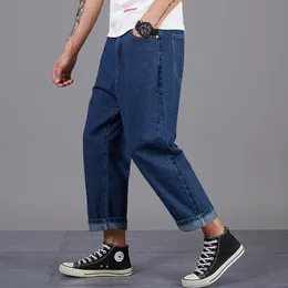 Enkel Loose Mäns Jeans Mörkblå Harlan Byxor Stor Storlek Kläder för 140kg Fat Men Pantalons De Grande Taille Pour Hommes