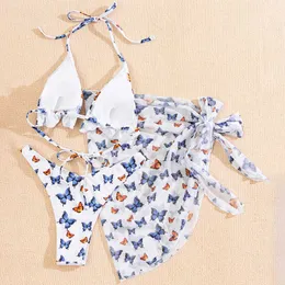 Sexy butterfly print bikini set 3-piece mesh skirt swimsuit High cut swimwear women String bathing suit Halter micro biquini New Y0820