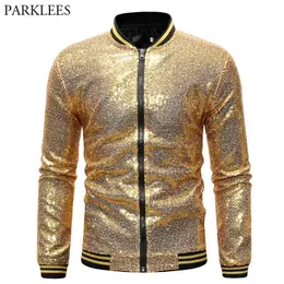 Mens Shiny Gold Sequin Varsity Jacket Coat Bling Glitter Nightclub Disco DJ Jacket Bomber Men Party Stage Prom Chaqueta 210522