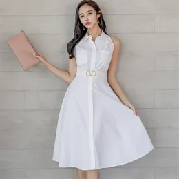 白いシャツのドレスのための女性のための夏のノッキー首の首のポリエステルサンドレスセクシーな女性オフィスAラインドレス210602