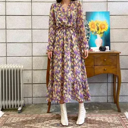 Vintage Floral Print Boho Long Chiffon Dress Sleeve V-neck High Waist Korean Style Elegant Casual Beach Robe Ete Femme 210514